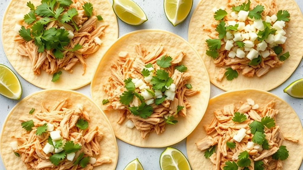 Overhead flat lay of assembled tacos with shredded chicken, fresh cilantro, diced white onion, lime wedges, and crumbly cheese on warm corn tortillas