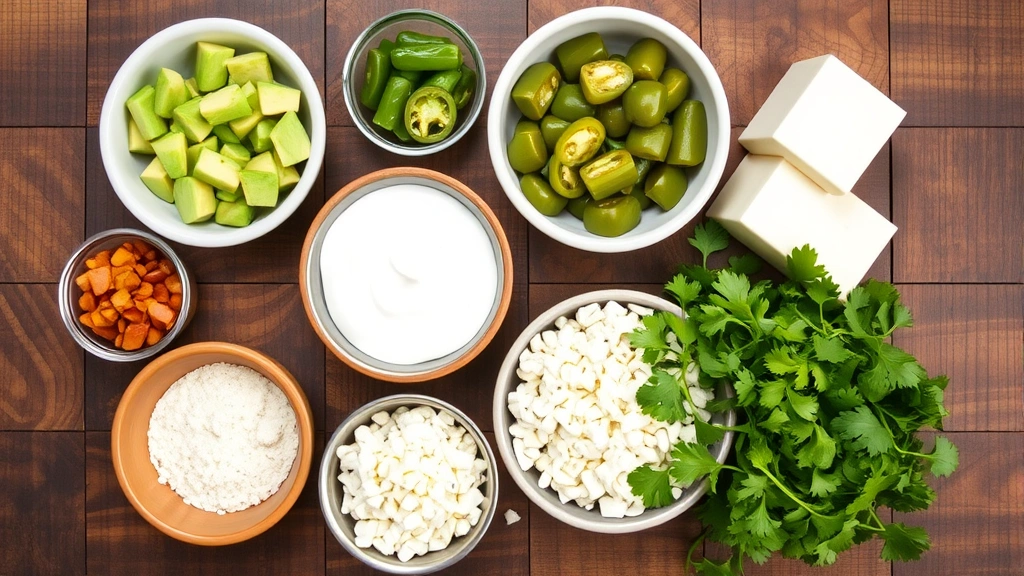 Array of taco toppings in small bowls including diced avocado, pickled jalapeños, Mexican crema, cotija cheese, and fresh cilantro arranged on rustic wooden surface