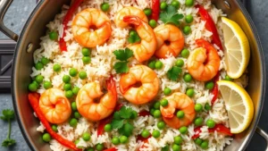 Overhead shot of cooked shrimp and fluffy white jasmine rice with green peas and red bell peppers in a large skillet, garnished with fresh parsley and lemon wedges, steaming hot
