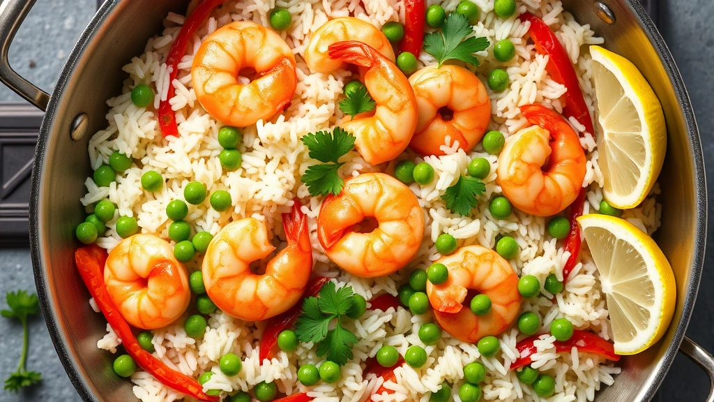 Overhead shot of cooked shrimp and fluffy white jasmine rice with green peas and red bell peppers in a large skillet, garnished with fresh parsley and lemon wedges, steaming hot