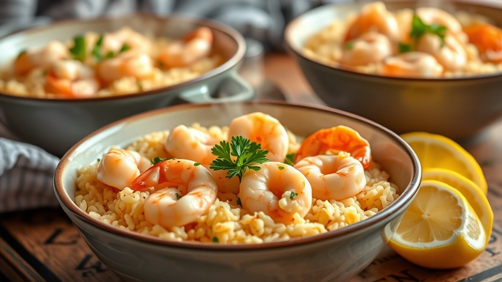 Finished bowls of creamy shrimp and rice garnished with fresh parsley, served with lemon wedges on the side, steam rising from the hot dish, rustic table setting