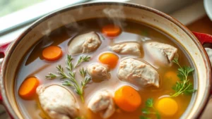 A beautiful ceramic pot filled with golden chicken broth, tender chunks of chicken, vibrant orange carrots, and fresh green herbs, steam rising gently from the surface, photographed from above with natural window lighting