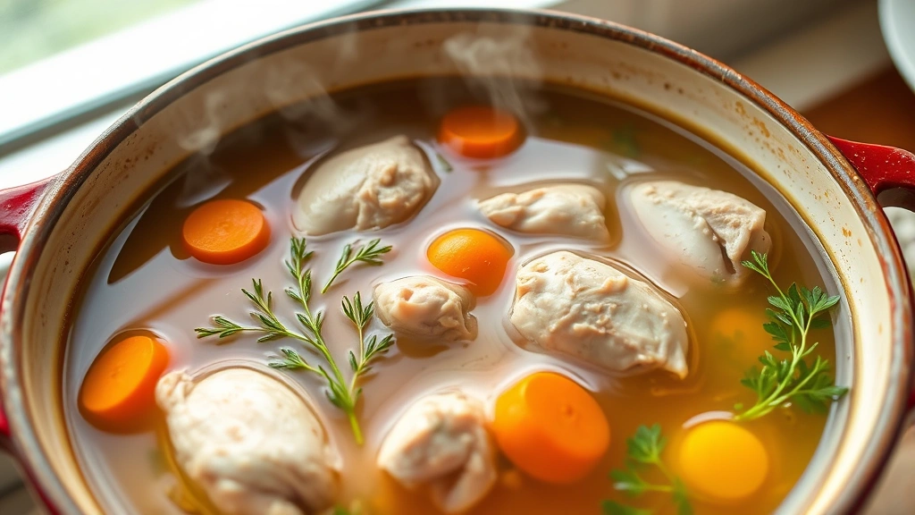 A beautiful ceramic pot filled with golden chicken broth, tender chunks of chicken, vibrant orange carrots, and fresh green herbs, steam rising gently from the surface, photographed from above with natural window lighting