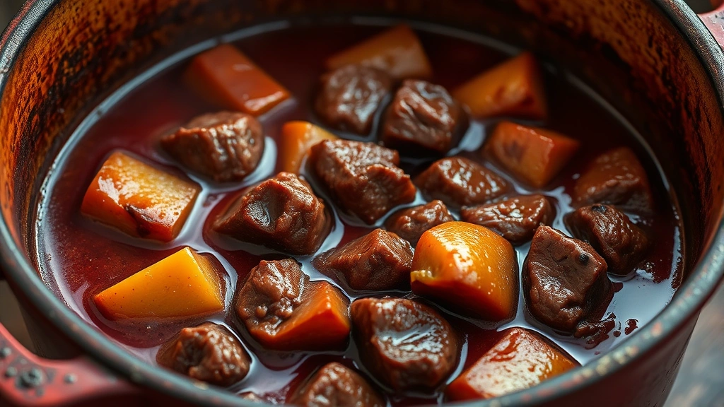 A rustic Dutch oven containing a rich, deep-red beef stew with tender meat cubes, roasted vegetables, and glossy sauce, shot from a slightly elevated angle showing the hearty ingredients in detail
