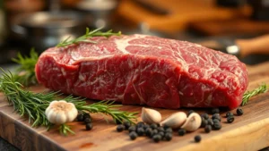 Raw sirloin tip roast on wooden cutting board with fresh rosemary sprigs, garlic cloves, and peppercorns scattered nearby, warm butcher shop lighting