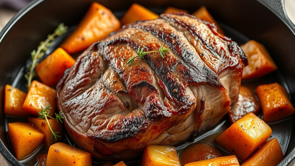 Perfectly seared sirloin tip roast in cast-iron skillet with deep golden-brown crust, surrounded by caramelized root vegetables and fresh thyme, steam rising
