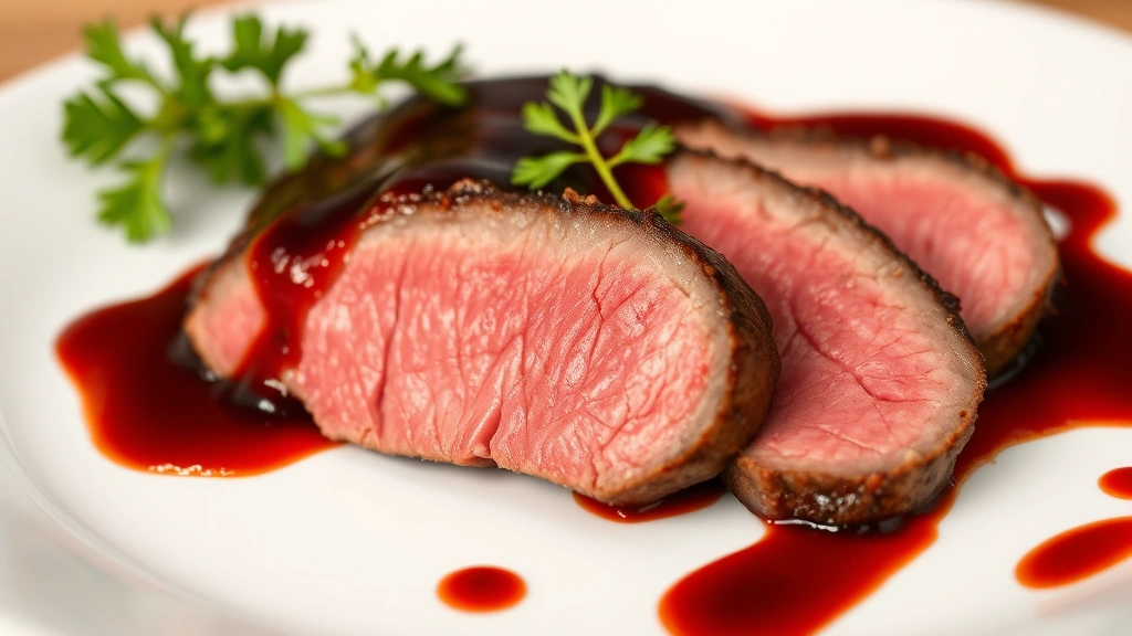 Sliced sirloin tip roast displaying beautiful rare-to-medium color gradient, arranged on white plate with rich red wine pan sauce drizzled over, fresh herb garnish