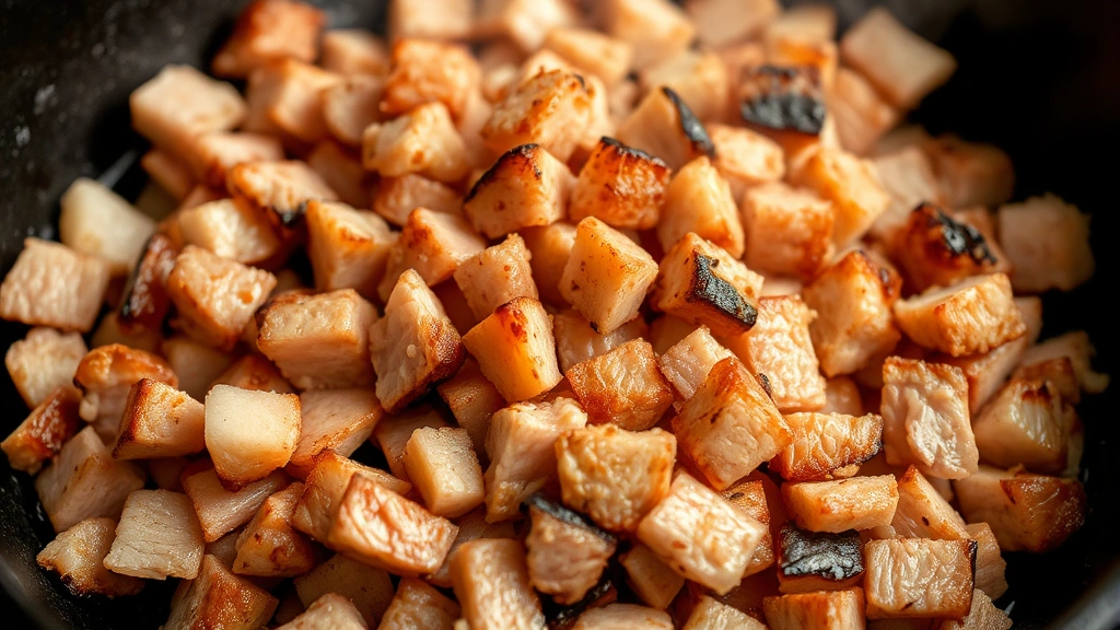 Close-up of finely chopped pork with golden-brown charred edges in cast iron skillet, steam rising, showing crispy and tender texture variation