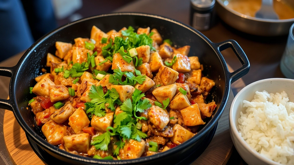 Hot cast iron sizzling plate on wooden trivet with fresh sisig mixture actively sizzling, garnished with cilantro and green onions, rice bowl visible beside