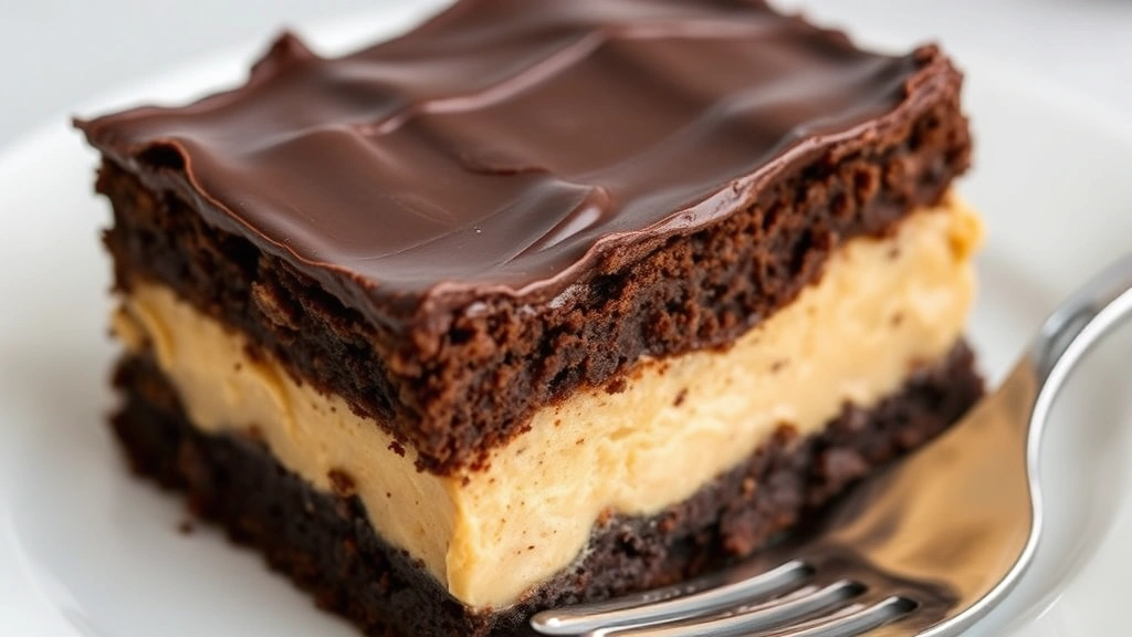 Close-up of three distinct layers of slutty brownies on a white plate, showing fudgy dark chocolate brownie base, creamy beige cookie dough middle layer, and glossy dark chocolate topping, with a fork beside the plate