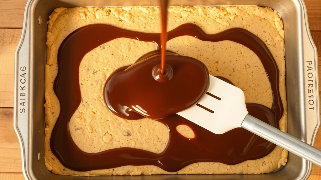 Overhead shot of melted semi-sweet chocolate being poured over cookie dough layer in a 9x13 baking pan, showing smooth spreading with an offset spatula, warm golden kitchen lighting
