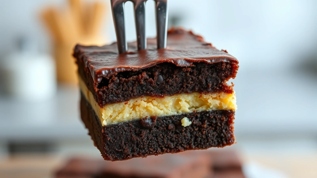 Freshly cut slutty brownie square held up with a fork, displaying all three layers clearly visible, rich chocolate colors contrasting with cream-colored cookie dough, glossy chocolate top catching light, against blurred kitchen background