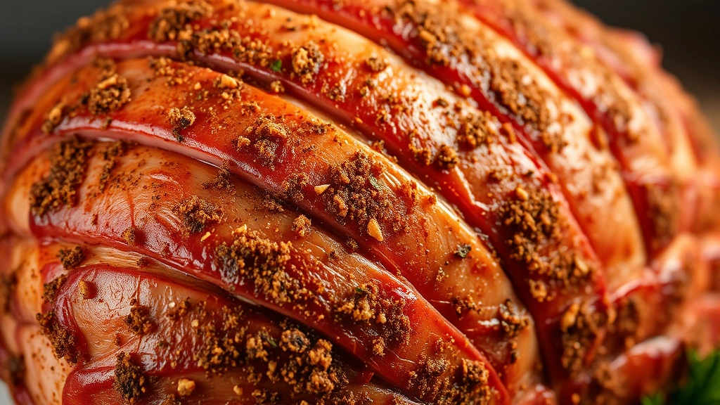 Close-up of a bone-in ham with scored diamond pattern and dry rub spices applied, showing rich brown sugar and paprika coating, professional food photography style, natural lighting