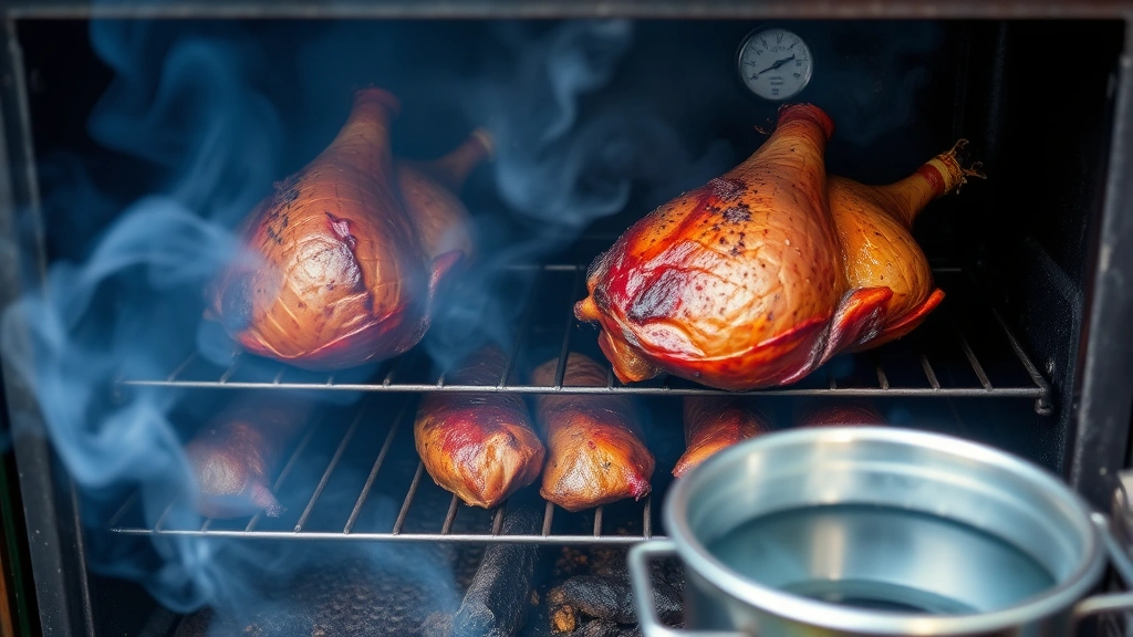 Smoked ham on metal grates inside a smoker with visible thin blue smoke, thermometer showing temperature, water pan in foreground, atmospheric barbecue scene