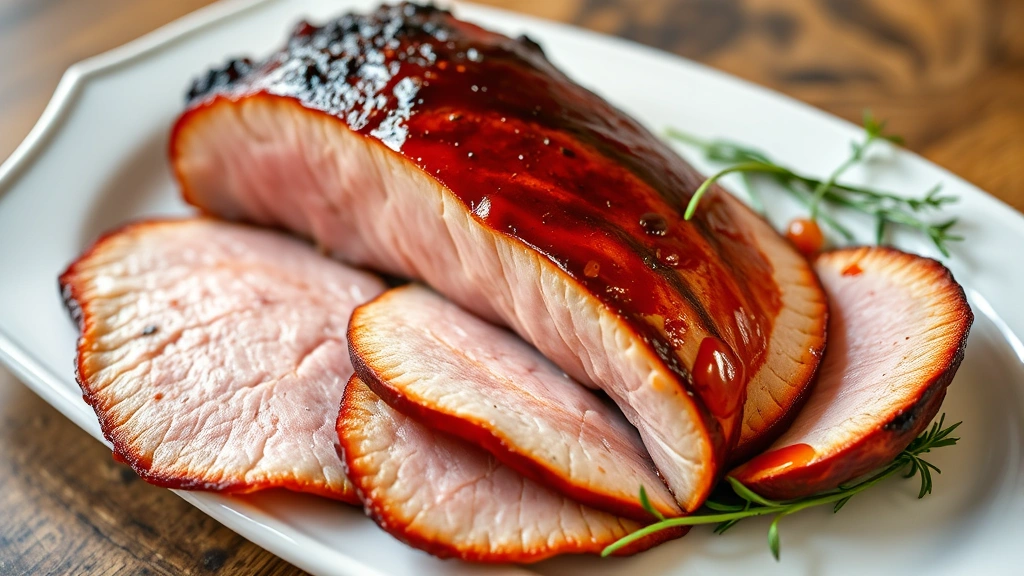 Sliced smoked ham on white serving platter with mahogany glaze, showing perfect smoke ring and caramelized exterior, garnished with fresh herbs, elegant presentation