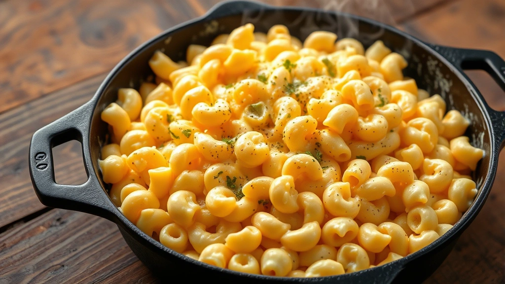 Creamy mac and cheese with golden melted cheese coating elbow pasta in a cast iron skillet, steam rising, rustic wooden table background