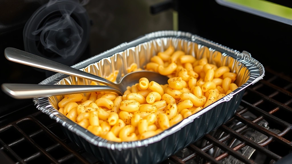 Aluminum foil pan of smoked mac and cheese being stirred with a long-handled spoon inside a smoking BBQ smoker, visible smoke wisps