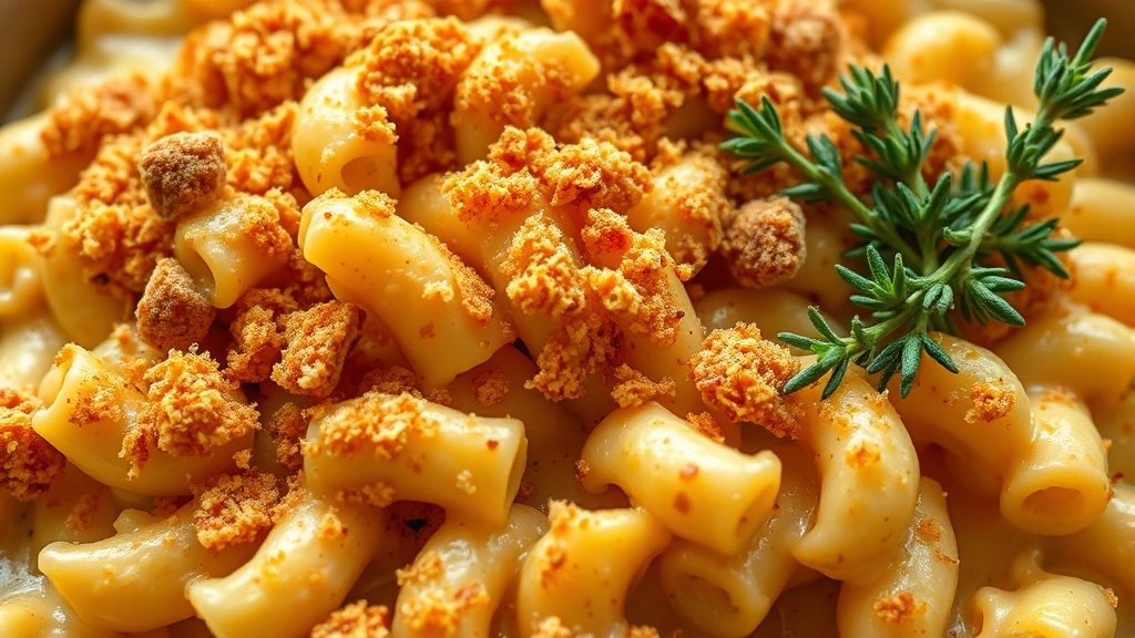 Close-up of finished smoked mac and cheese with crispy golden breadcrumb topping, creamy sauce coating pasta, fresh thyme garnish on the side