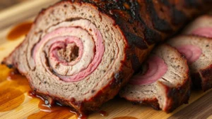 Close-up of sliced smoked meatloaf showing pink smoke ring and caramelized bark exterior, resting on wooden cutting board with meat juices visible
