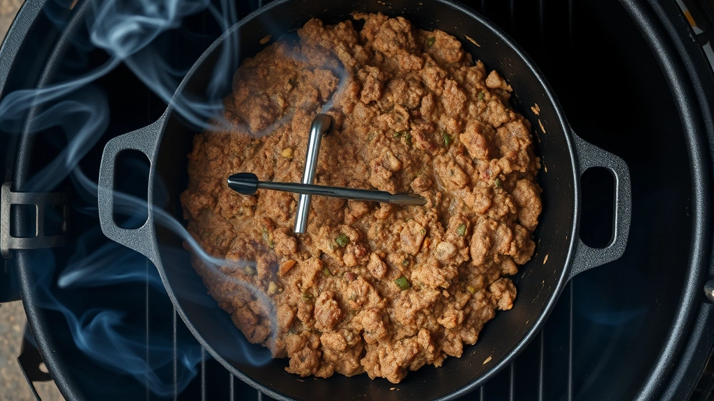 Overhead view of meatloaf mixture in cast iron skillet inside smoker with thin blue smoke wisping around it, thermometer probe inserted in center