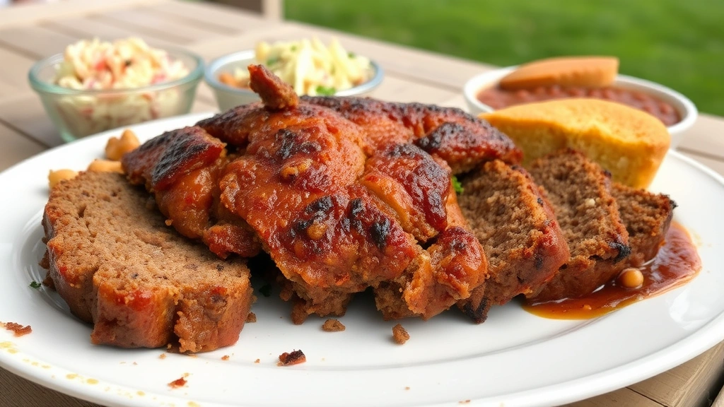Finished smoked meatloaf on white platter with golden-brown bark, served alongside coleslaw, baked beans, and cornbread at outdoor picnic table