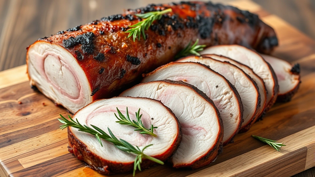 Perfectly smoked pork loin with mahogany bark exterior, sliced to show pink juicy interior, arranged on wooden cutting board with fresh rosemary sprigs and smoke wisping around