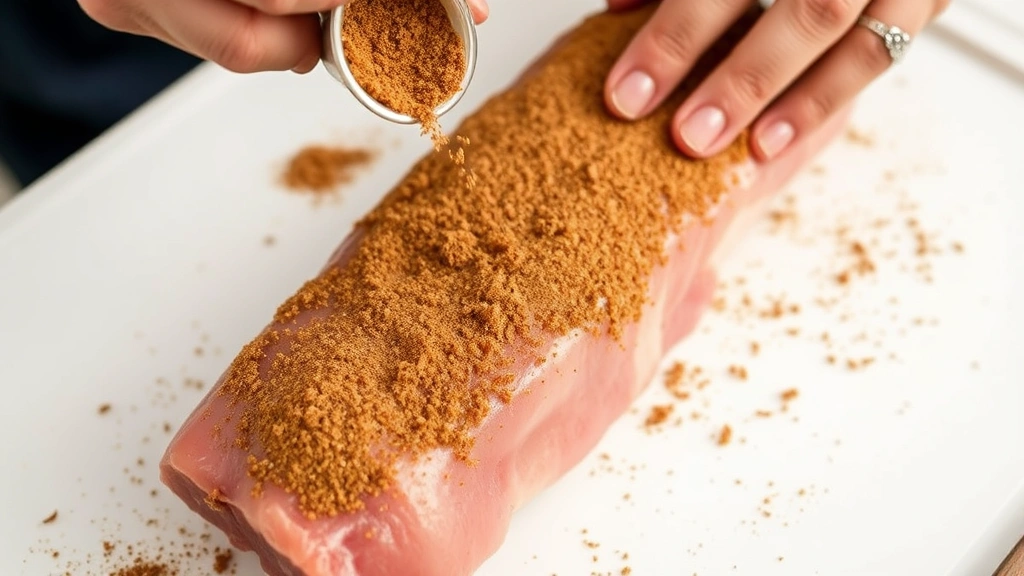 Hands applying brown dry rub seasoning generously to raw pork loin on white surface, close-up showing texture and even coverage of spices