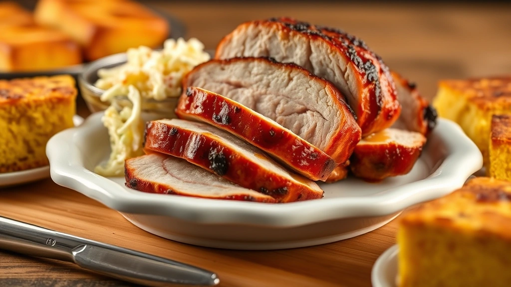 Smoked pork loin slices stacked on white ceramic platter with creamy coleslaw and cornbread on sides, professional food photography with warm lighting