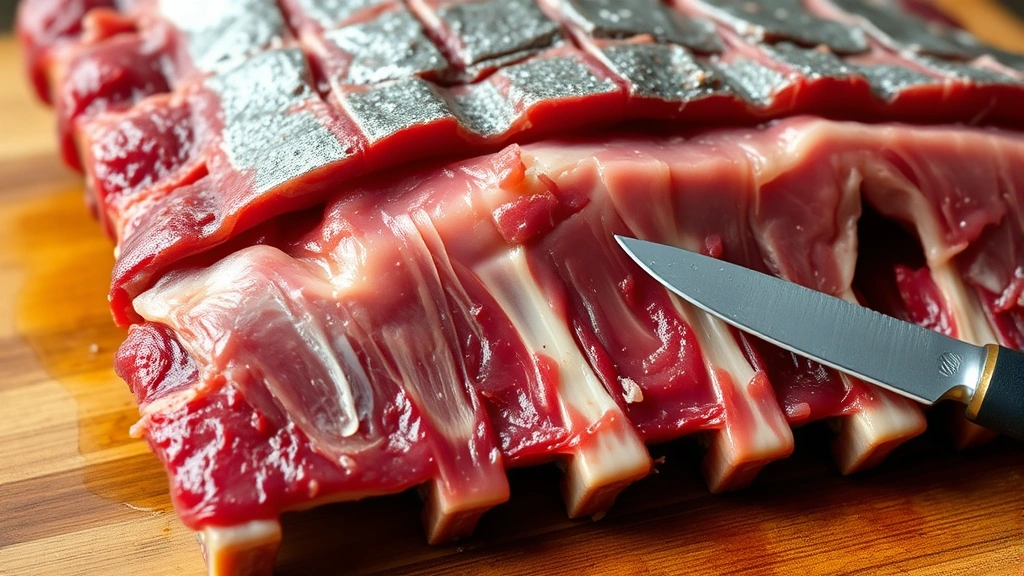 Close-up of raw baby back ribs with silver skin partially removed, bright red meat visible, bones white, on a wooden cutting board with trimming knife nearby