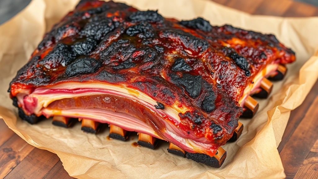 Smoked ribs showing dark bark exterior and pink smoke ring, meat pulled back from bones, glistening with caramelized glaze, resting on butcher paper