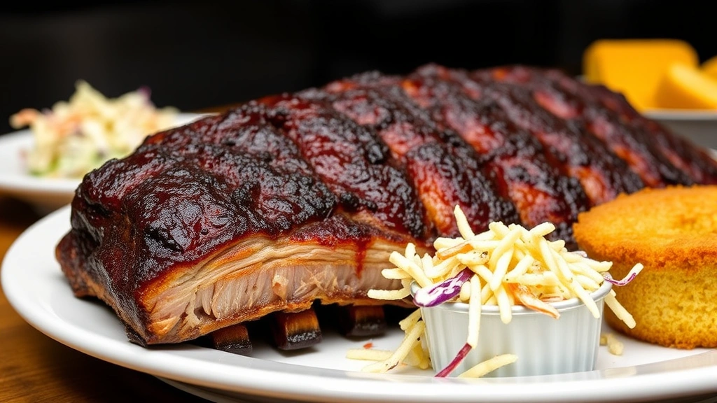 Finished smoked ribs plated upright on white platter with charred exterior, smoke ring visible in cross-section, accompanied by coleslaw and cornbread sides