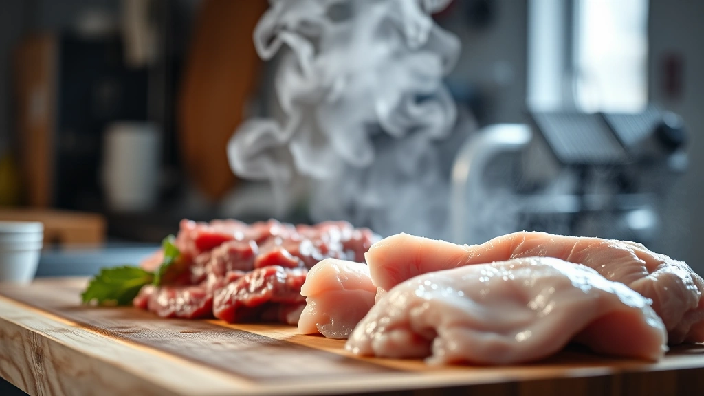 Close-up of raw beef and chicken on a wooden cutting board, steam rising, professional kitchen lighting, shallow depth of field, food photography style