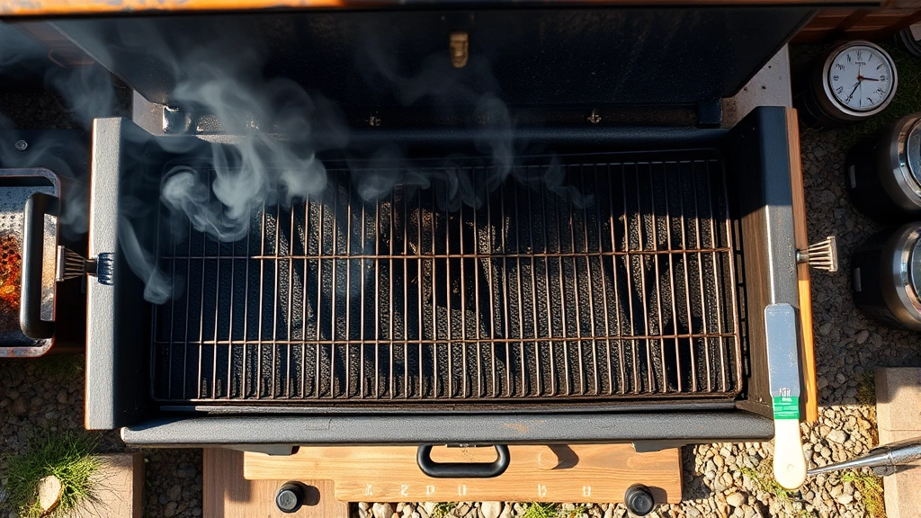 Overhead view of a rustic outdoor smoking station with dark wood and metal grates, smoke wisping through, natural daylight, authentic backyard cooking setup