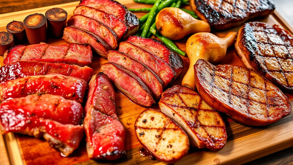 Detailed shot of various cooked meats on a wooden serving board—beef steaks, chicken pieces, pork chops—arranged professionally, golden-brown surfaces, restaurant-quality presentation