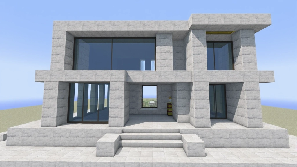 Finished Minecraft structure built entirely from smooth stone blocks, modern architectural design with clean lines, glass windows, and geometric patterns, showing the material's aesthetic appeal in a complete build