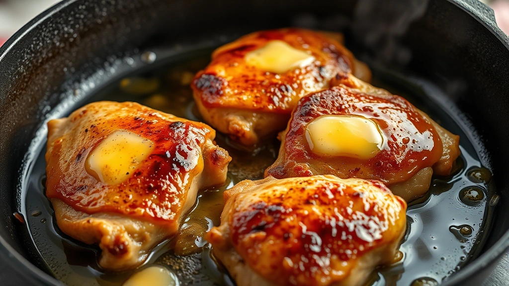 Golden-brown chicken thighs sizzling in a cast iron skillet with melted butter, skin crisping beautifully, steam rising, close-up food photography