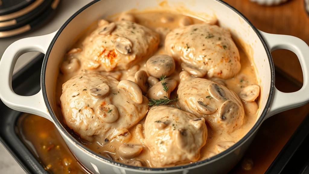 Creamy mushroom and onion sauce coating tender chicken pieces in a white ceramic Dutch oven, fresh thyme garnish, rich gravy glistening under warm kitchen lighting