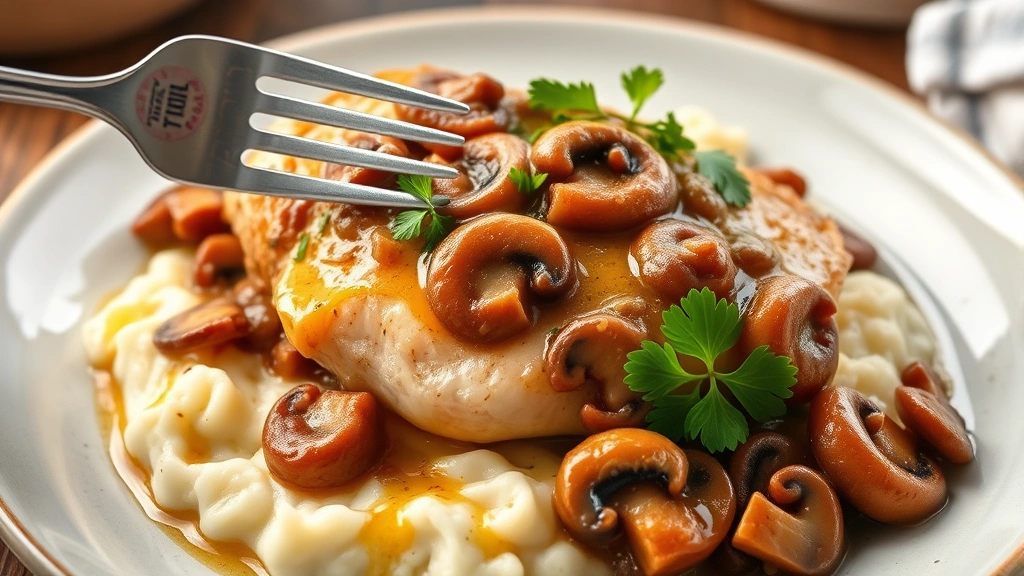 Plated smothered chicken served over creamy mashed potatoes with mushrooms and caramelized onions, fresh parsley garnish, fork breaking into juicy chicken, comfort food presentation