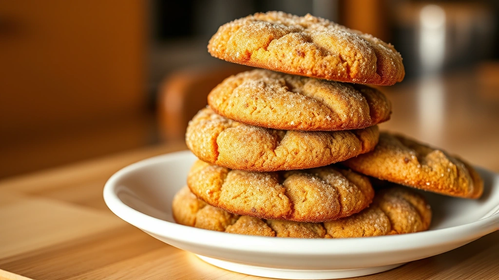 Golden-brown snickerdoodle cookies with cinnamon-sugar coating stacked on a white ceramic plate, showing crispy edges and soft centers, warm kitchen lighting from the side