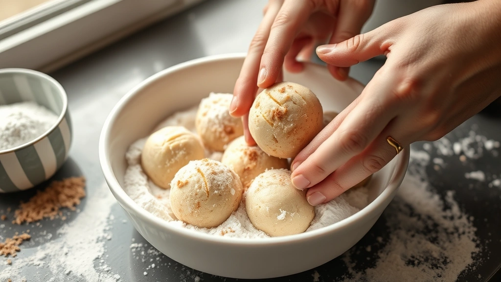Close-up of hands rolling snickerdoodle dough balls in white and cinnamon sugar mixture in a shallow ceramic bowl, natural window lighting, flour dusting visible on the work surface