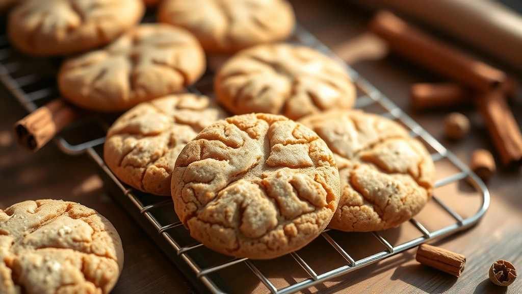 Freshly baked snickerdoodles cooling on a wooden rack with cinnamon sticks and whole cinnamon pods scattered nearby, soft afternoon sunlight, shallow depth of field focusing on cookie texture