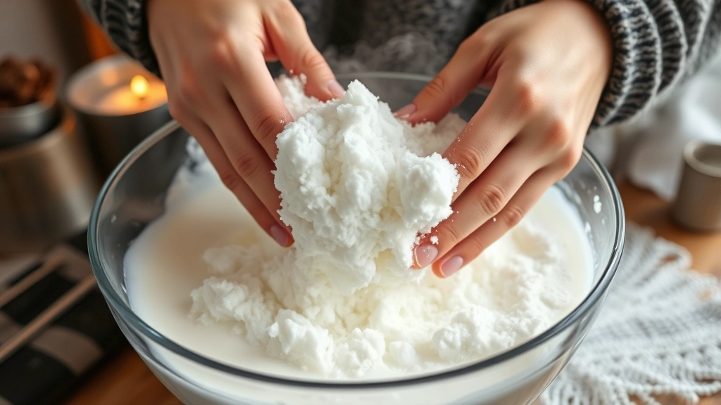 Hands gently folding fresh clean snow with sweetened milk mixture in a large mixing bowl, steam visible, cozy winter kitchen setting with warm lighting