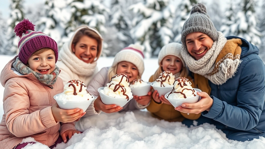 Family serving bowls of snow cream outdoors in snow, topped with chocolate sauce and sprinkles, happy expressions, winter landscape with snow-covered trees in background