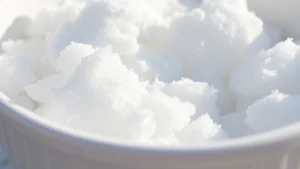 Close-up of fluffy fresh snow collected in a clean white bowl, pristine and untouched, photographed outdoors in natural daylight with frost crystals visible
