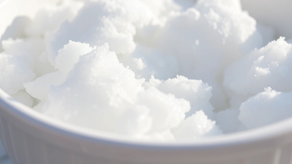Close-up of fluffy fresh snow collected in a clean white bowl, pristine and untouched, photographed outdoors in natural daylight with frost crystals visible