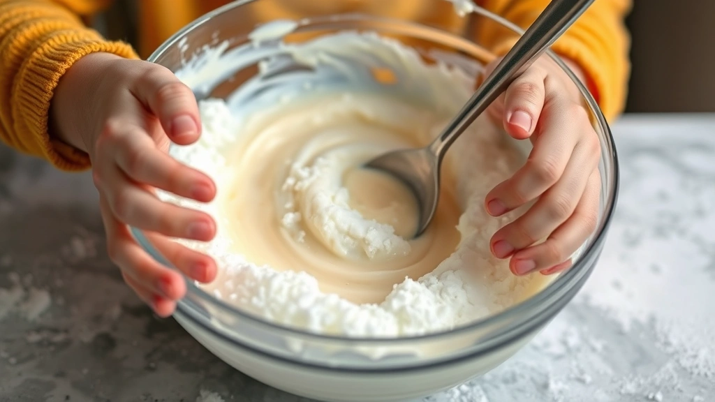 Child's hands mixing snow with sweetened condensed milk in a large glass bowl, showing the creamy mixture forming, captured mid-stir with soft focus on the ice cream texture