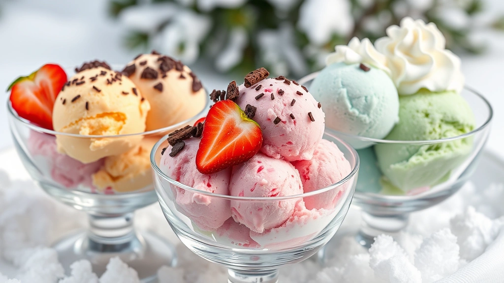 Colorful snow ice cream scoops served in clear glass bowls with various toppings including chocolate sprinkles, crushed cookies, fresh strawberries, and whipped cream, arranged on a winter background