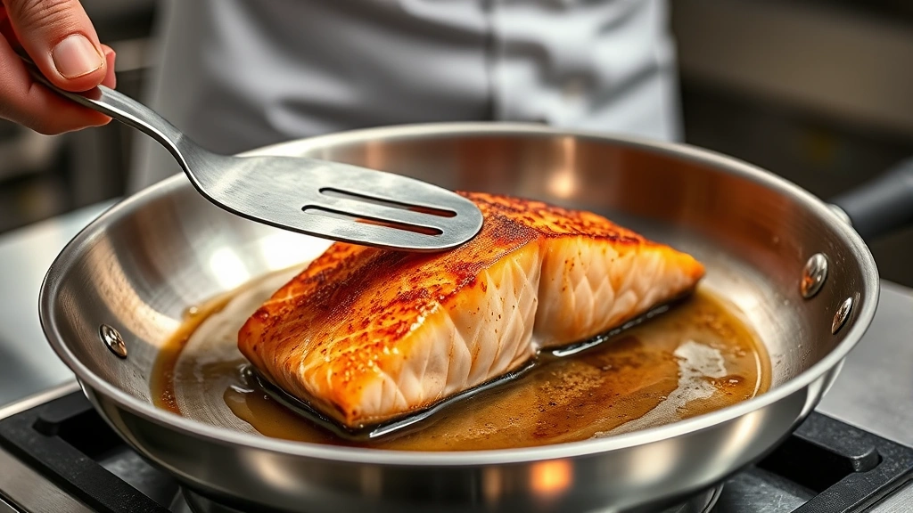 Professional chef's hand using a thin metal spatula to flip a perfectly seared sockeye salmon fillet in a stainless steel skillet, showing beautiful golden-brown crust on top, oil glistening, steam rising, bright kitchen lighting