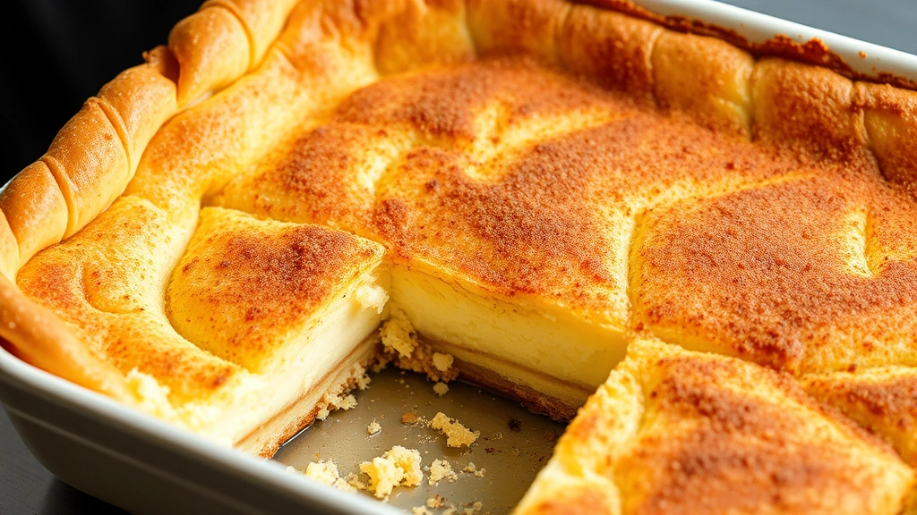 Golden-brown baked sopapilla cheesecake with cinnamon-sugar topping in a rectangular baking dish, showing the crispy crescent roll exterior and layers visible from the side