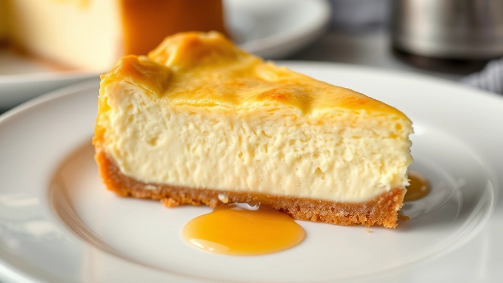 Close-up of a single slice of sopapilla cheesecake on a white plate, displaying the flaky top crust, creamy cheesecake middle, and buttery bottom layer with honey drizzle